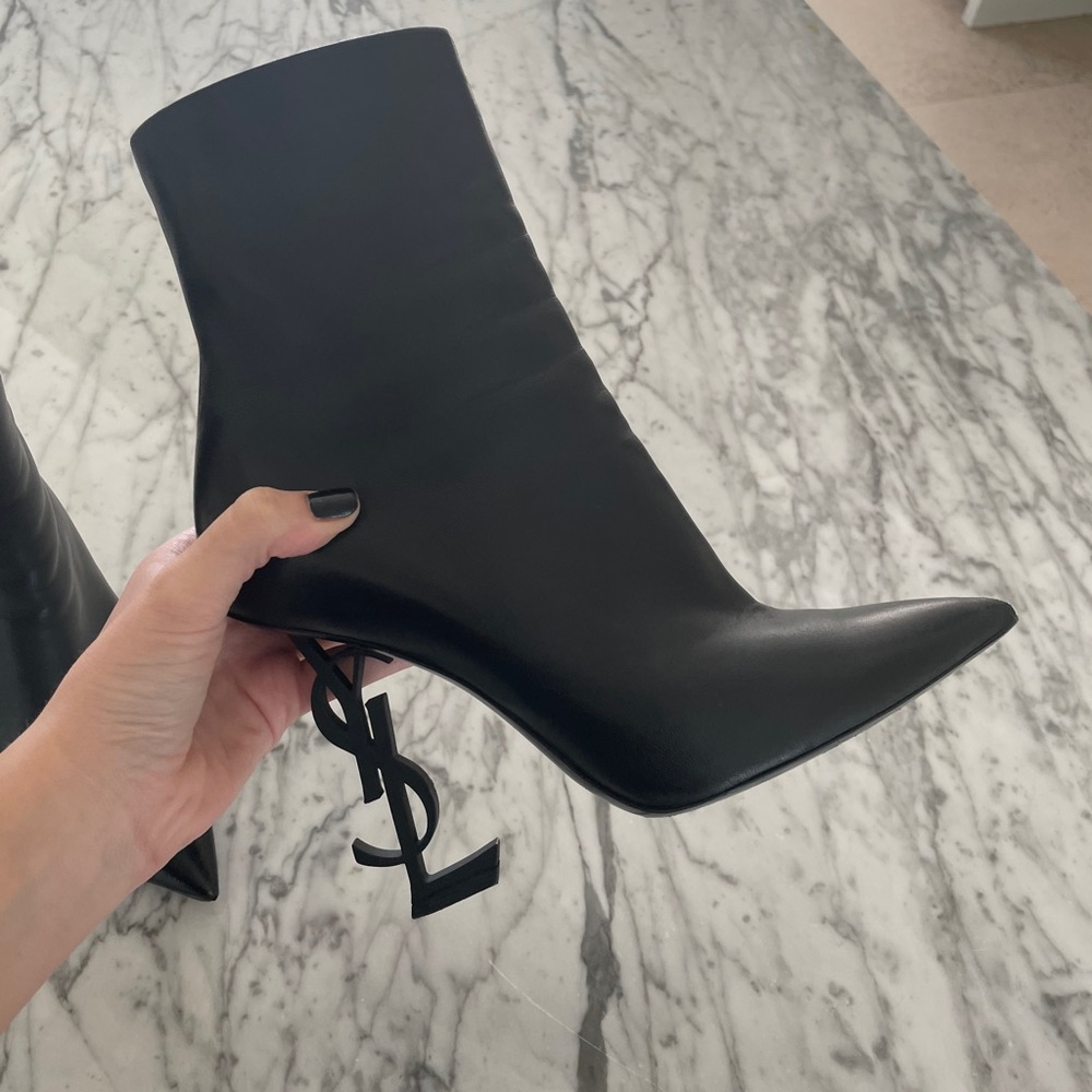 YSL Opyum Leather Booties with Monogram Heel